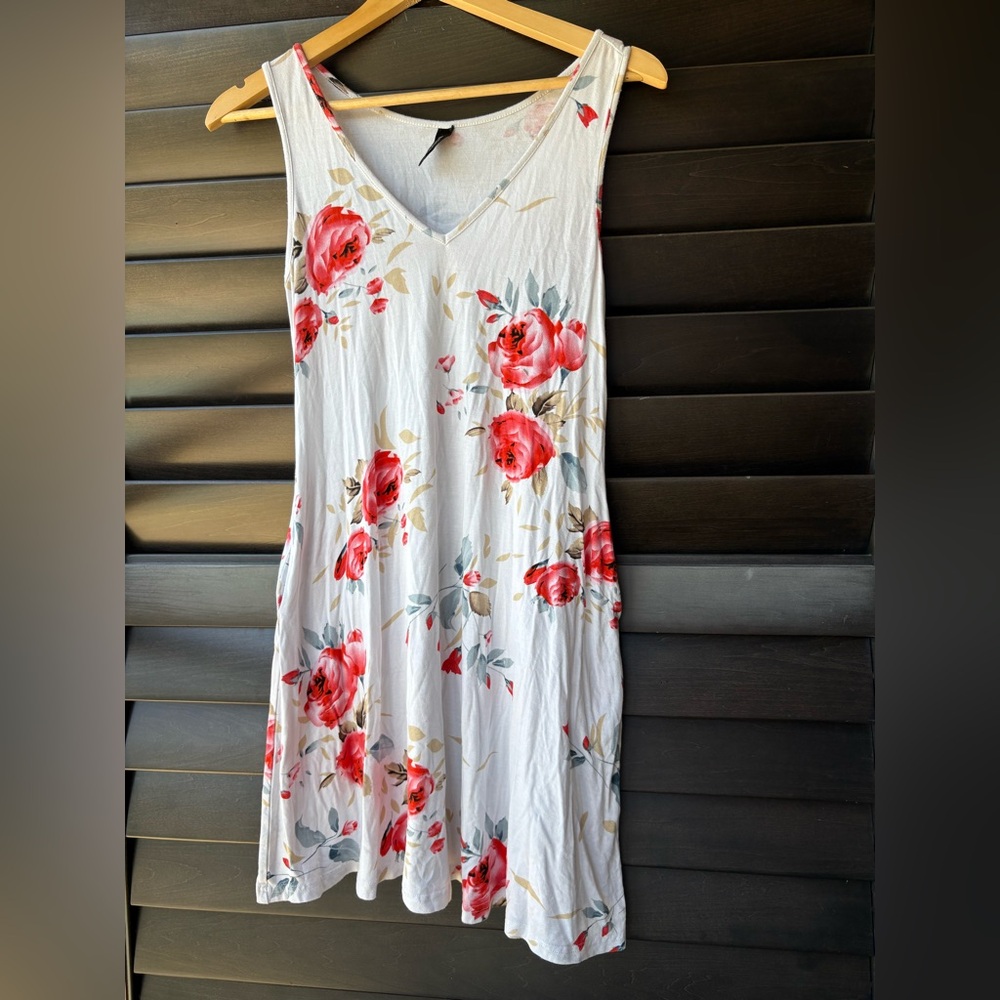 Bishuige Women’s XS Sleeveless Casual Tank Dress White Roses Pockets